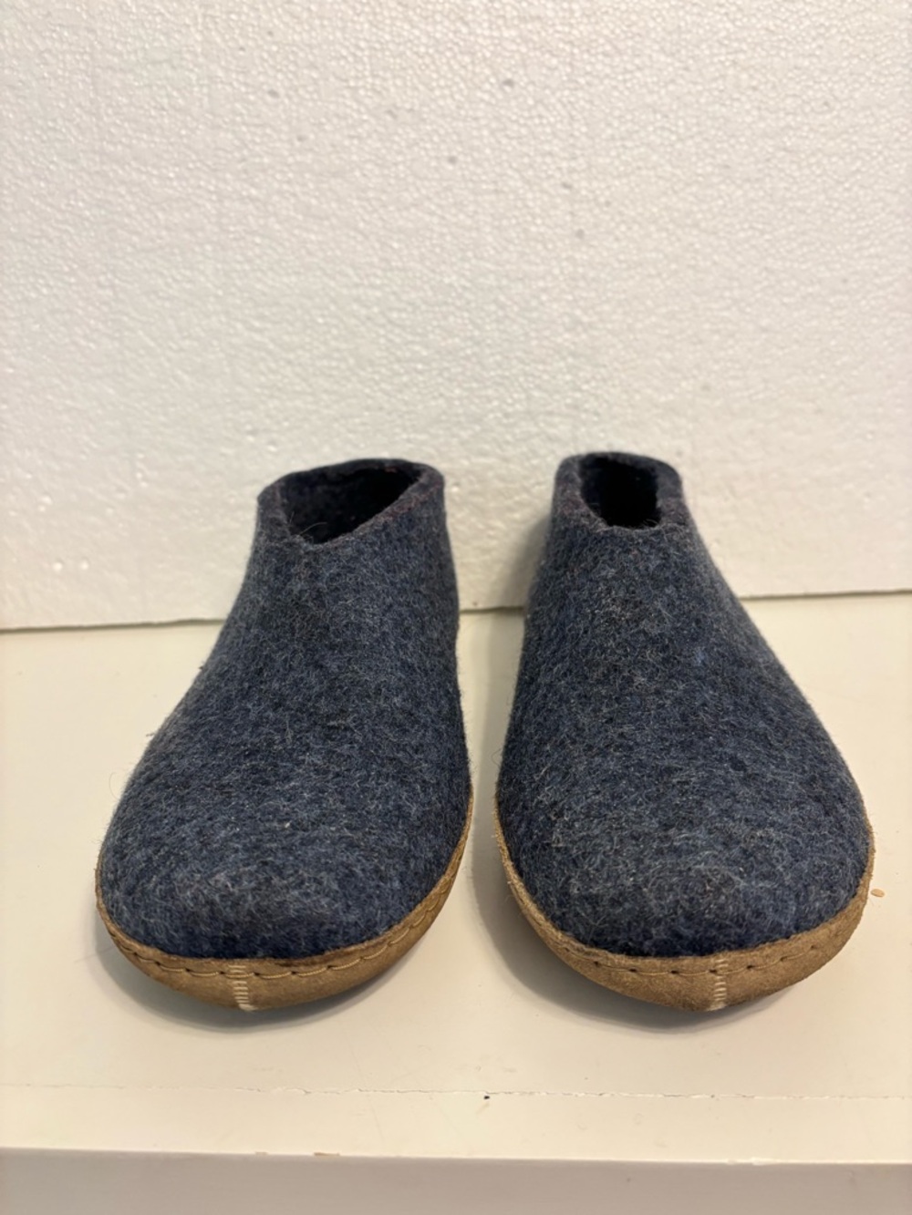 Glerups Slip On Slippers Leather Sole Women's 41 US Blue Wool